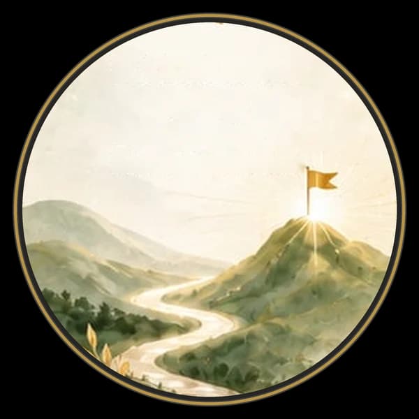 Aquarelle : un chemin qui serpente jusqu’à un drapeau au sommet d’une colline