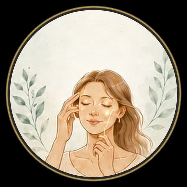 Aquarelle : une femme sereine, les yeux fermés, qui tapote doucement son visage