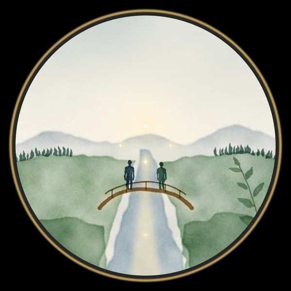 Aquarelle : deux personnes qui se rejoignent sur un pont au-dessus d’une rivière