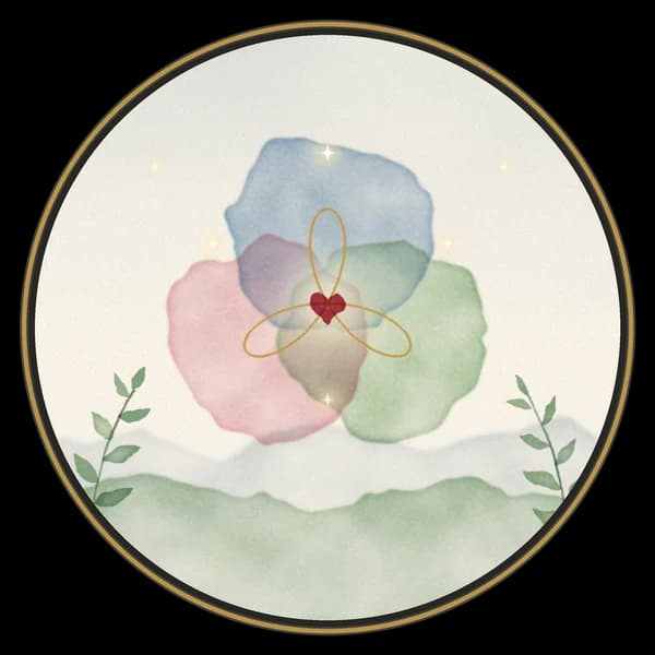 Aquarelle : trois cercles bleu, rose et vert qui se rejoignent autour d’un petit cœur, reliés par un fil doré