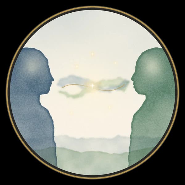 Aquarelle : deux profils face à face, entre eux des couleurs qui se mêlent et un fil doré