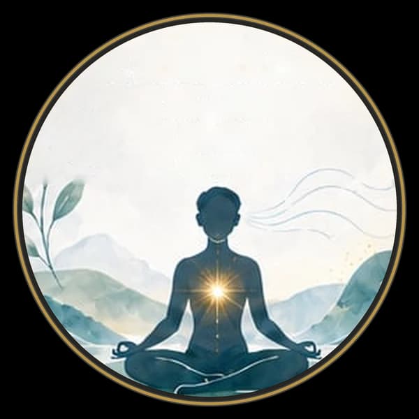 Aquarelle : une silhouette assise en méditation devant des collines bleutées